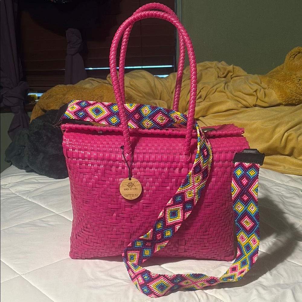 Pink Quilted Shoulder Bag with Colorful Strap